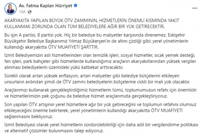 Başkan Hürriyet’ten, ÖTV zammına tepki: Yerel yönetimlerde ÖTV muafiyeti şart!