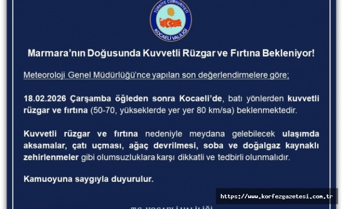 Kocaeli’de Kuvvetli Rüzgar ve Fırtına Uyarısı